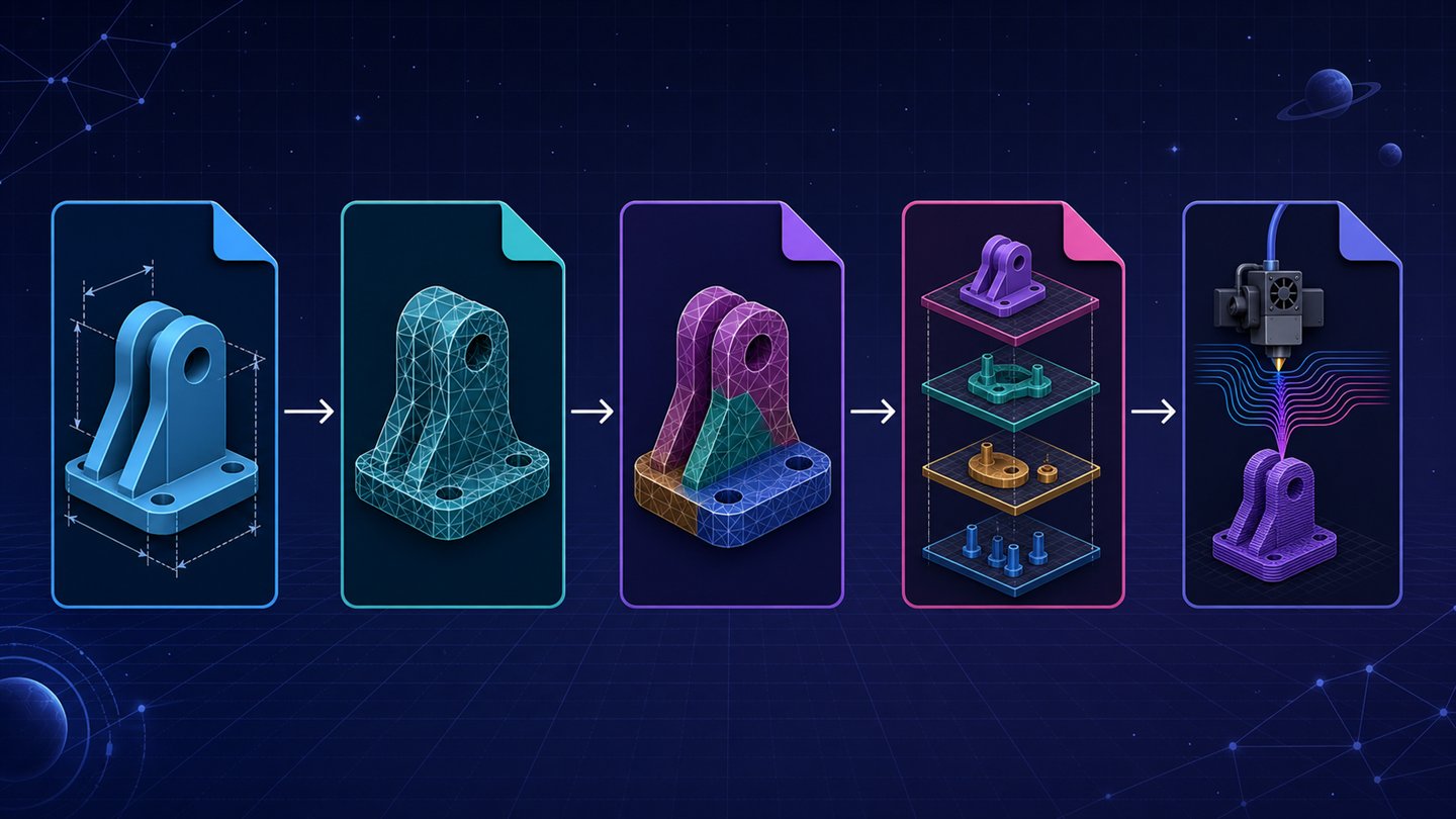 Mapa visual do fluxo de arquivos 3D, da geometria CAD editável às malhas, ao projeto com plates e às instruções de impressão